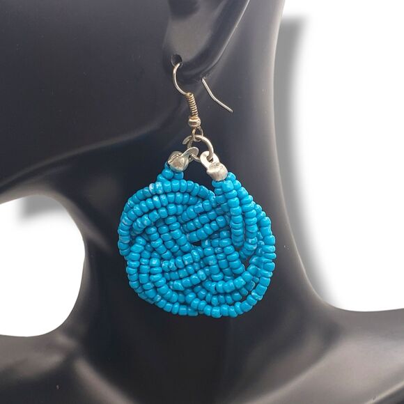 Turquoise Blue Color Seed Bead Round Knot Silver Tone Hook Earrings - Picture 4 of 5